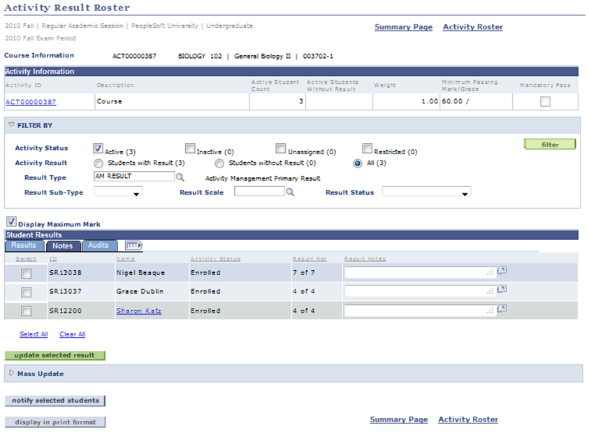 Activity Result Roster page: Notes tab