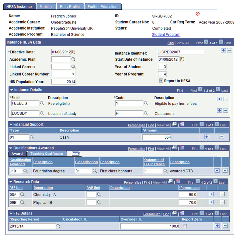 HESA (Higher Education Statistics Agency) Instance page