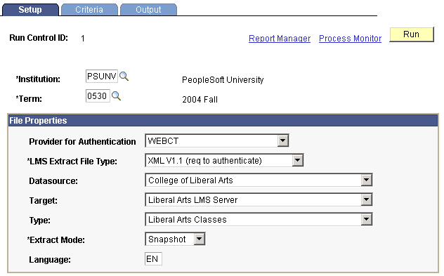LMS Batch Extract Process - Setup page