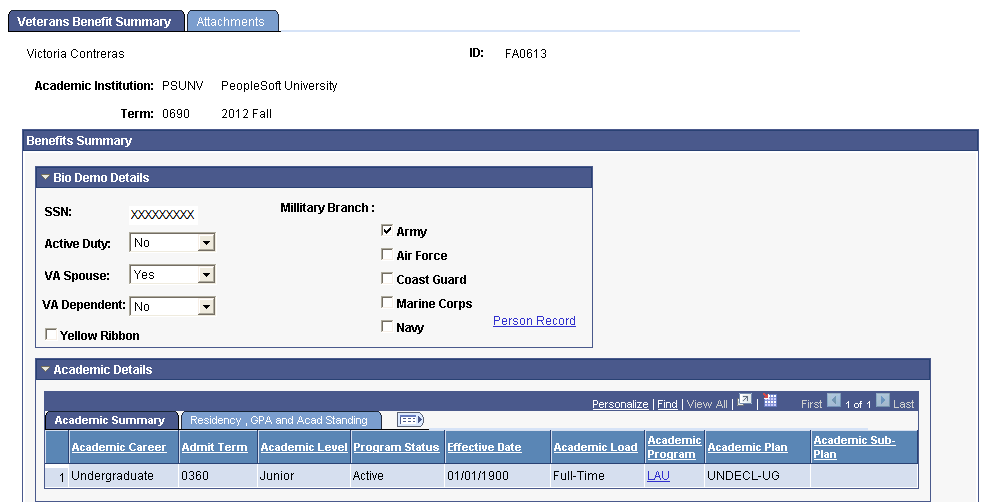 Veterans Benefit Summary page (1 of 2)