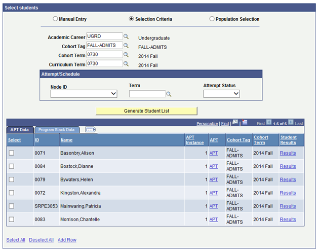 APT (Academic Progress Tracker) Administrative Roster page: Generate Student List grid