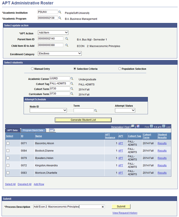 APT (Academic Progress Tracker) Administrative Roster page