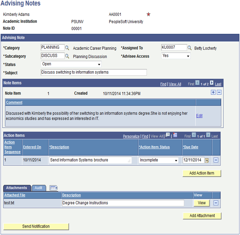 Advising Notes Administration page