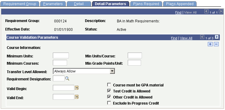 Detail Parameters page