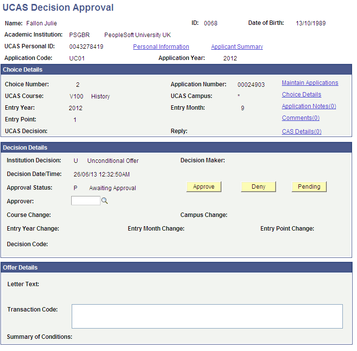 UCAS (Universities and Colleges Admissions Service) Decision Approval page