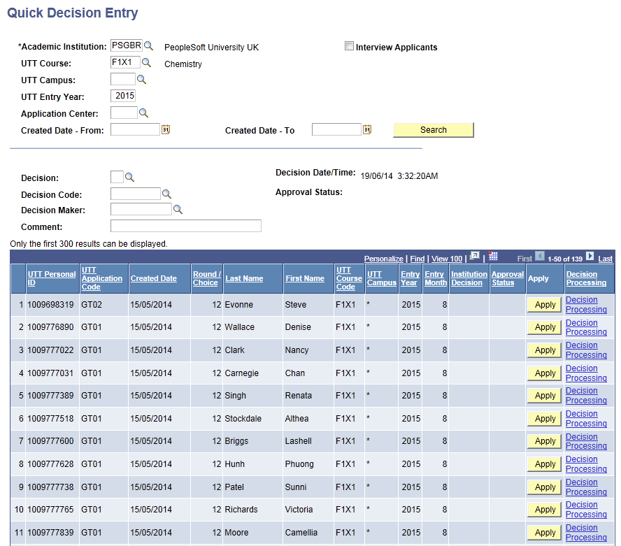 UTT (Universities and Colleges Admissions Service Teacher Training) Quick Decision Entry page