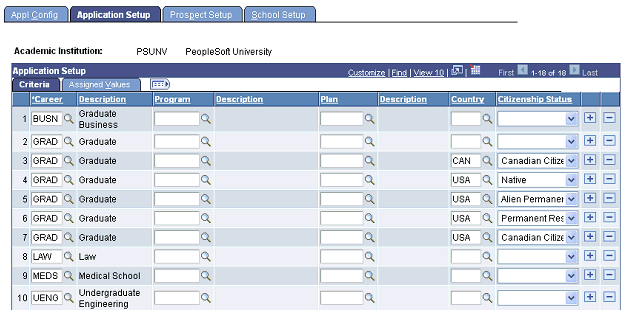 Application Setup page: Criteria tab (1 of 2)