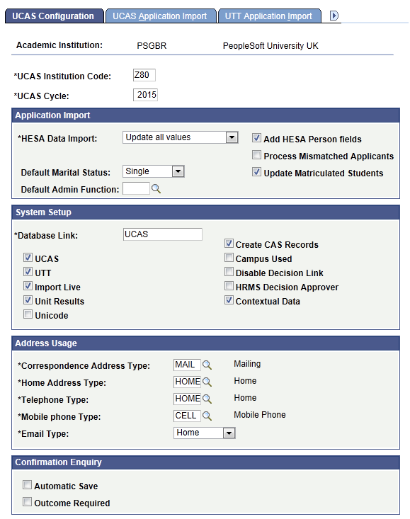 UCAS (Universities and Colleges Admissions Service) Configuration page