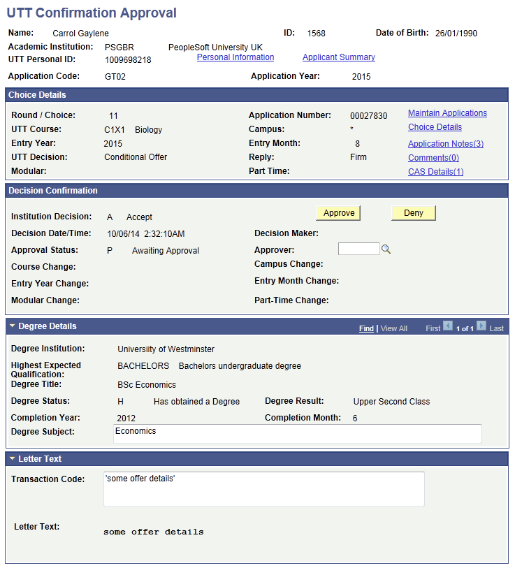 UTT (Universities and Colleges Admissions Service Teacher Training) Confirmation Approval page