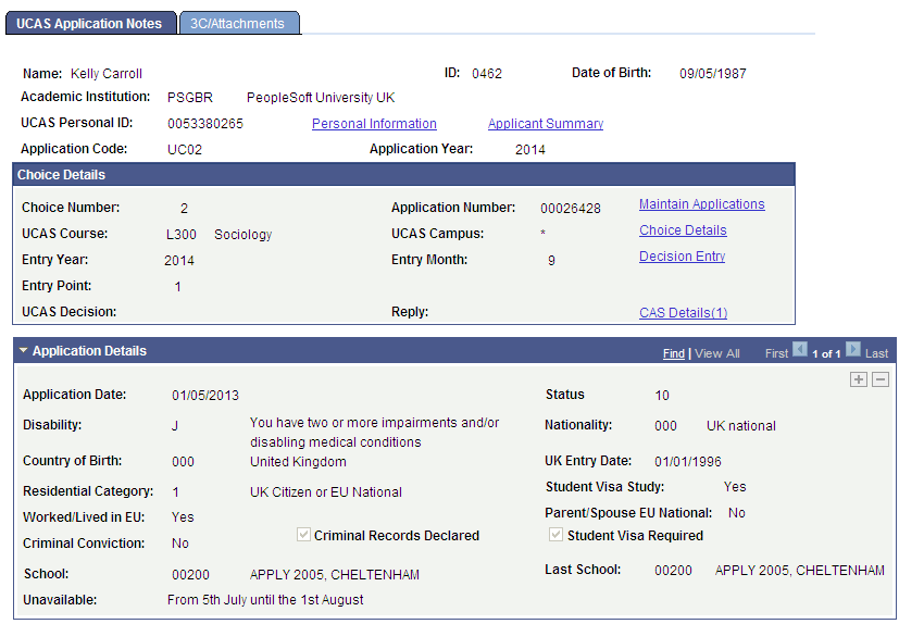 UCAS (Universities and Colleges Admissions Service) Application Notes page (1 of 4)
