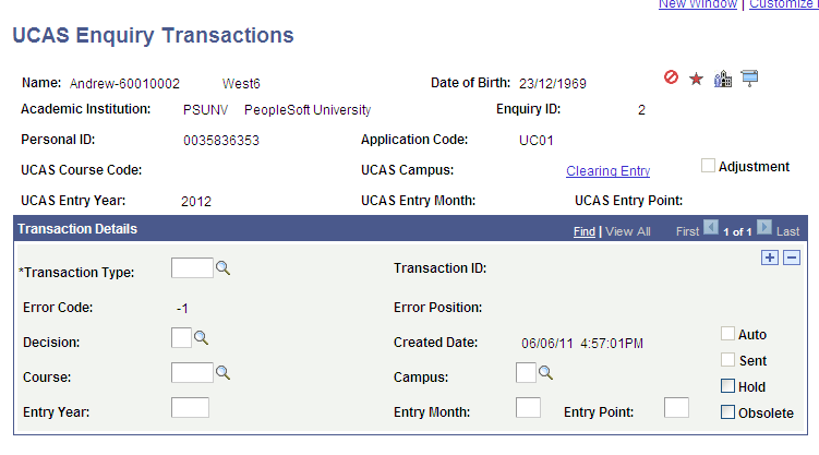UCAS (Universities and Colleges Admissions Service) Enquiry Transactions page