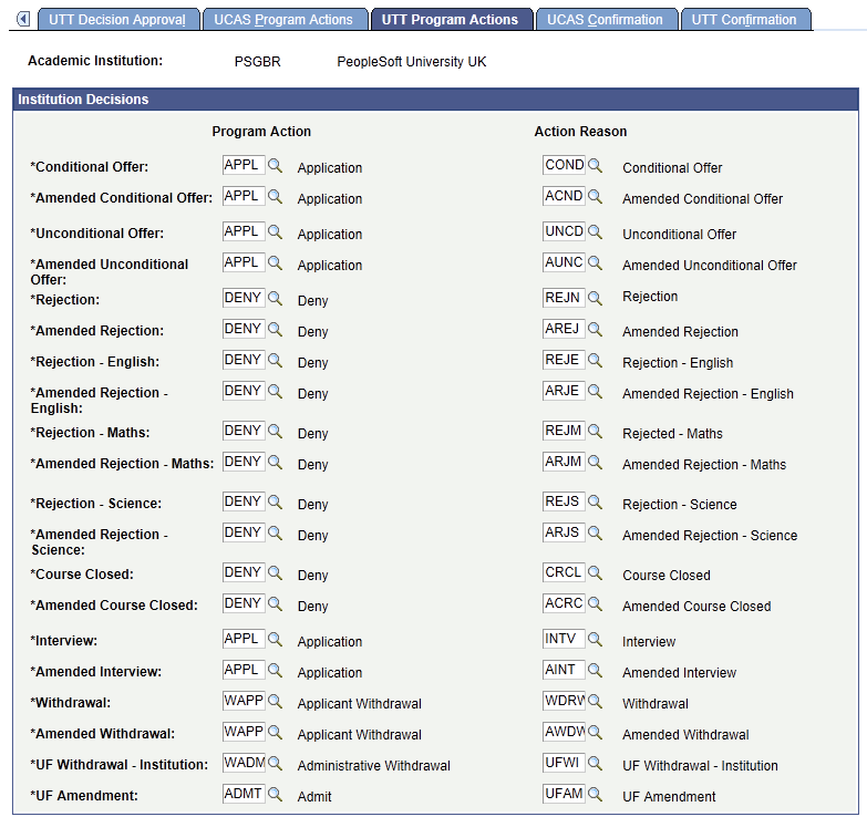 UTT (Universities and Colleges Admissions Service Teacher Training) Program Actions page (1 of 2)