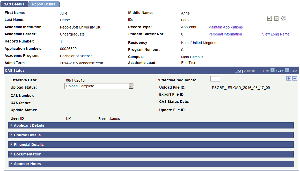 CAS (Confirmation of Acceptance of Studies) Details page