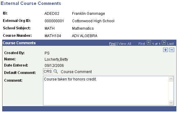 External Course Comments page