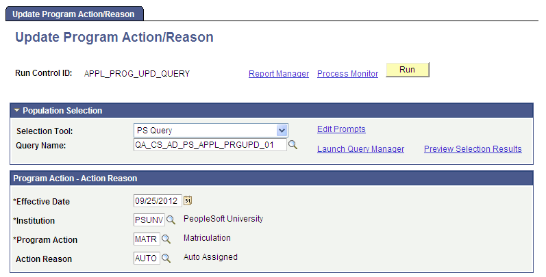 Update Program Action/Reason page