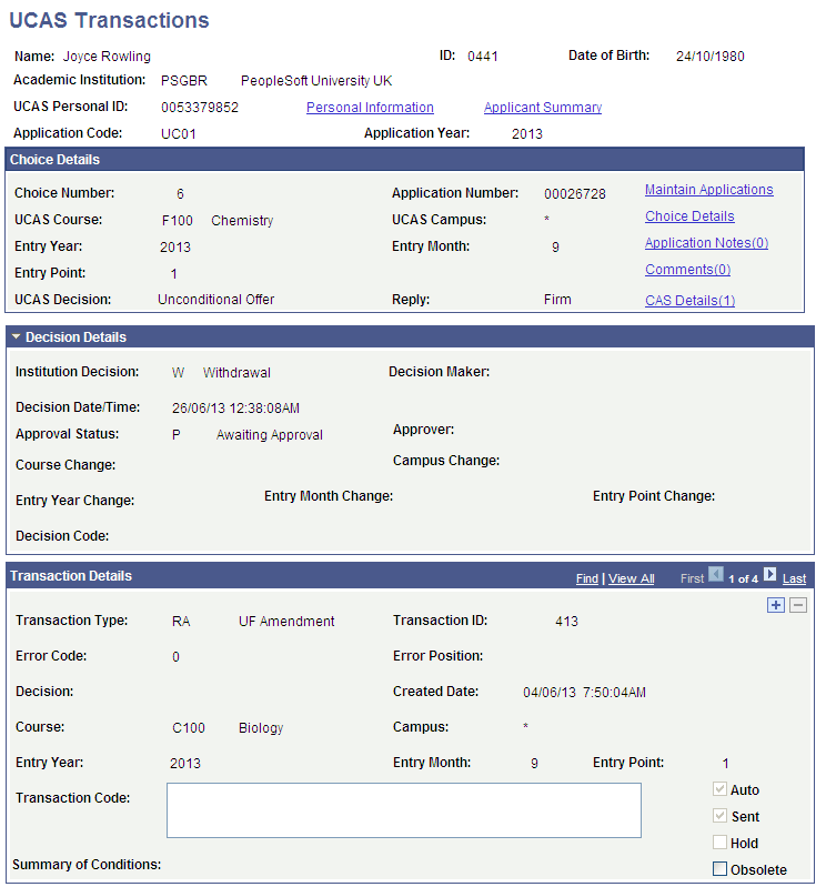UCAS (Universities and Colleges Admissions Service) Transactions page