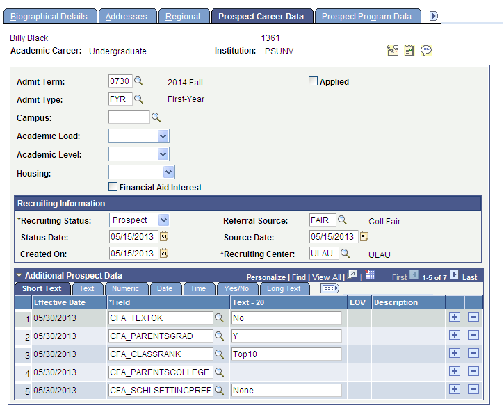 Prospect Career Data page