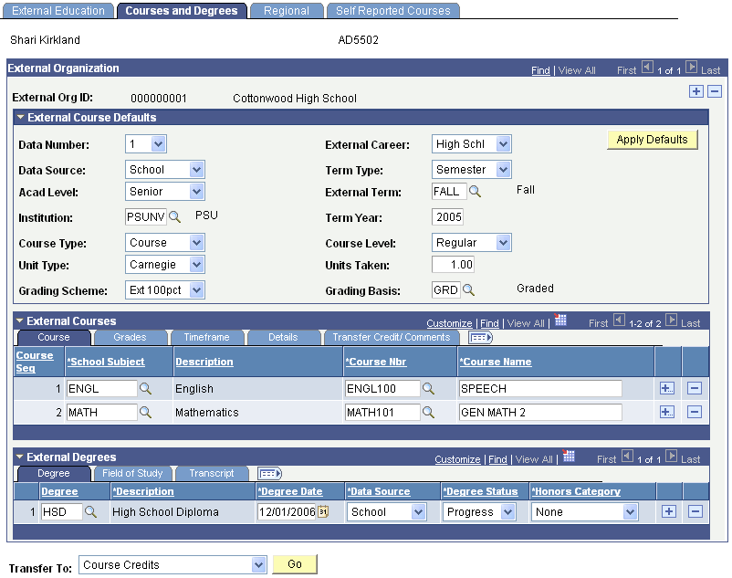 Courses and Degrees page