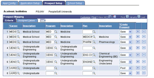 Prospect Setup page: Criteria tab
