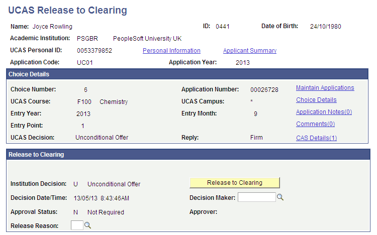 UCAS (Universities and Colleges Admissions Service) Release to Clearing page