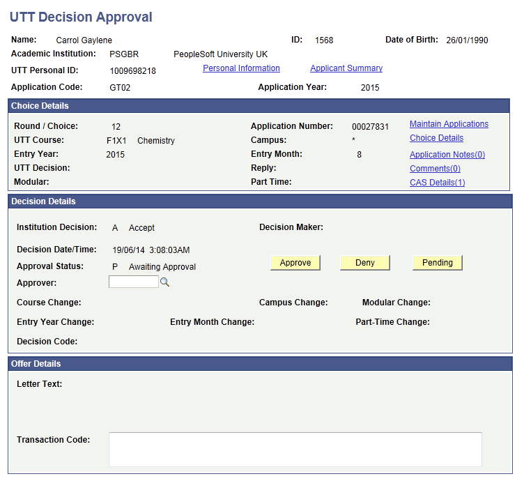 UTT (Universities and Colleges Admissions Service Teacher Training) Decision Approval page