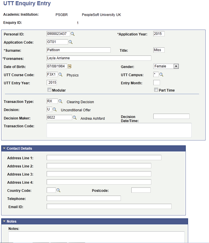 UTT (Universities and Colleges Admissions Service Teacher Training) Enquiry Entry page