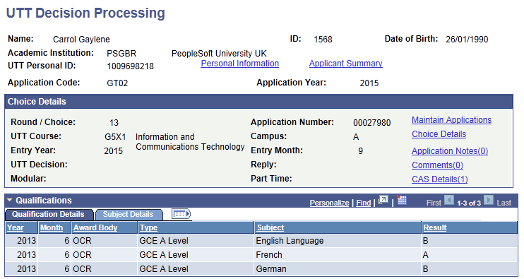 UTT (Universities and Colleges Admissions Service Teacher Training) Decision Processing page (1 of 3)
