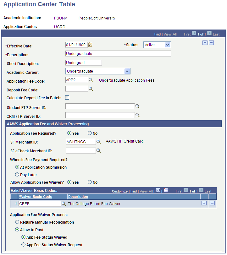 Application Center Table page