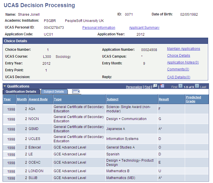 UCAS (Universities and Colleges Admissions Service) Decision Processing page (1 of 3)