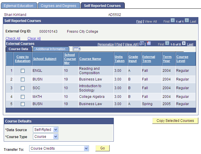 Self Reported Courses page