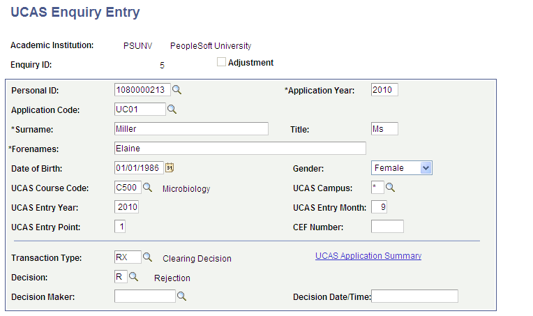 UCAS (Universities and Colleges Admissions Service) Enquiry Entry page (1 of 2)
