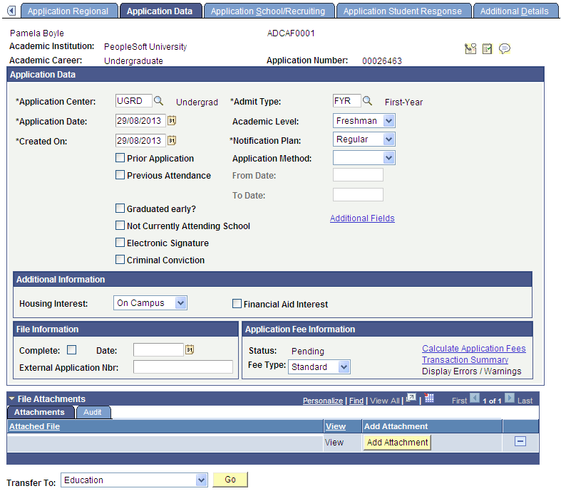 Application Data page