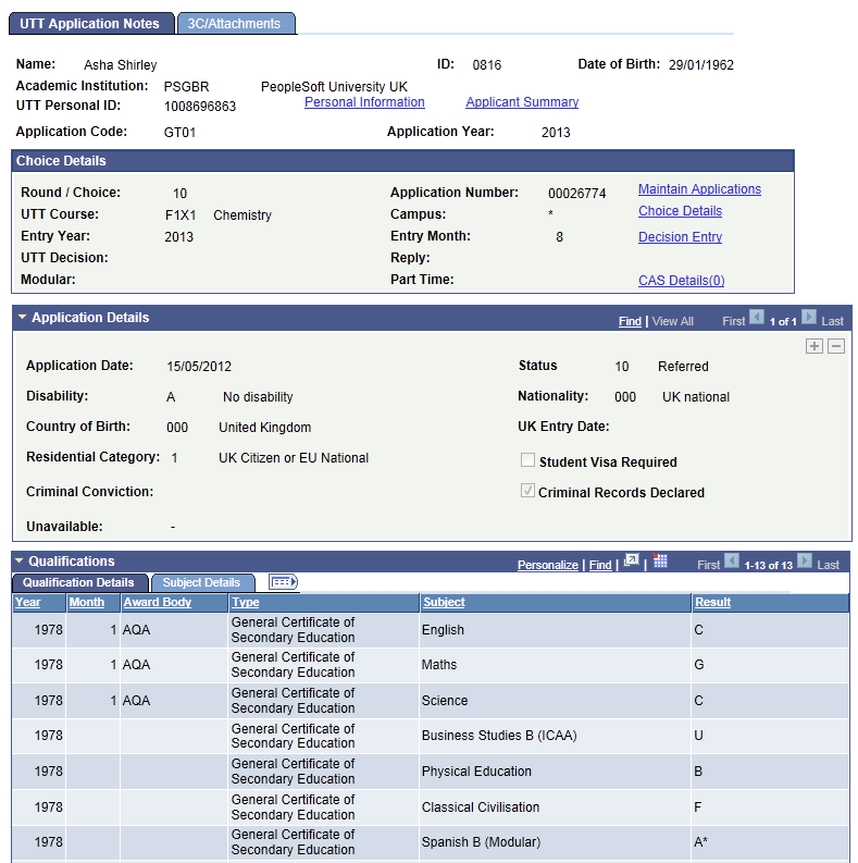 UTT (Universities and Colleges Admissions Service Teacher Training) Application Notes page (1 of 3)