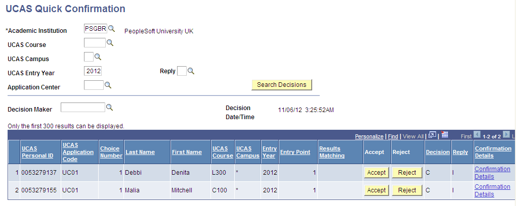 UCAS (Universities and Colleges Admissions Service) Quick Confirmation page