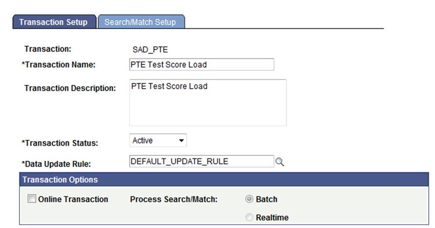 Sample Transaction Setup for Prospect/Admissions Data Load (1 of 2)