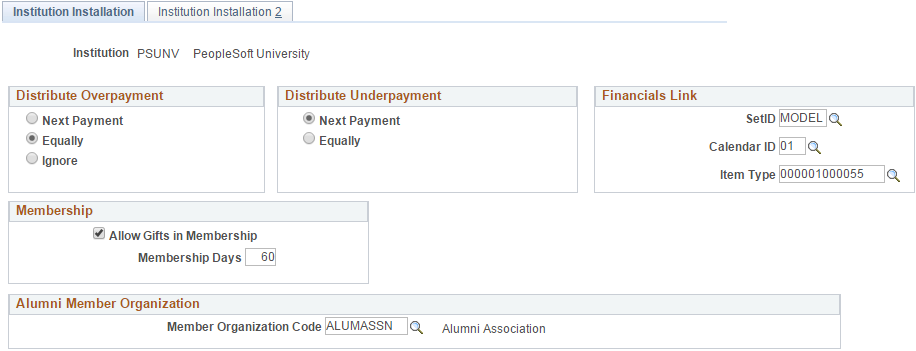 Institution Installation page