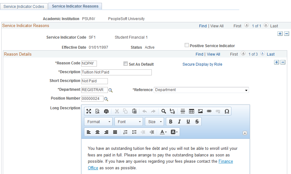 Service Indicator Reasons page (1 of 2)
