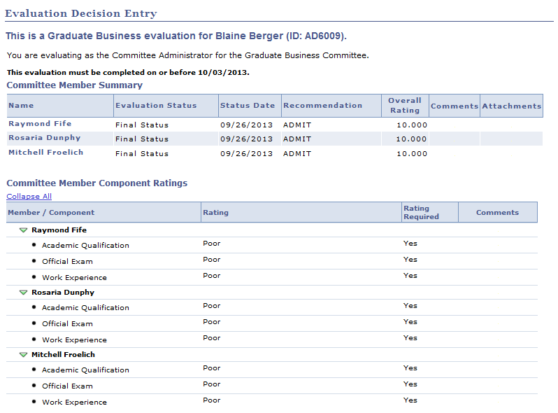 Example of Evaluation Decision Entry page for a Committee Administrator (1 of 2)
