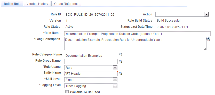 Example of Define Rule page for Progression Rule