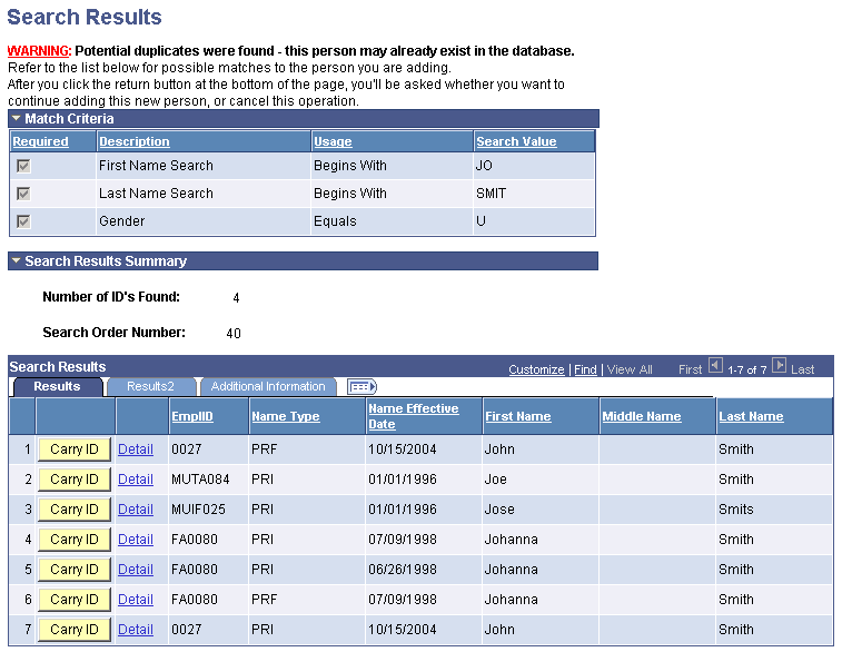 Search Results page, Results tab (automatic search)