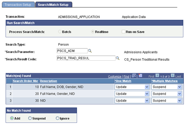 Search/Match Setup page