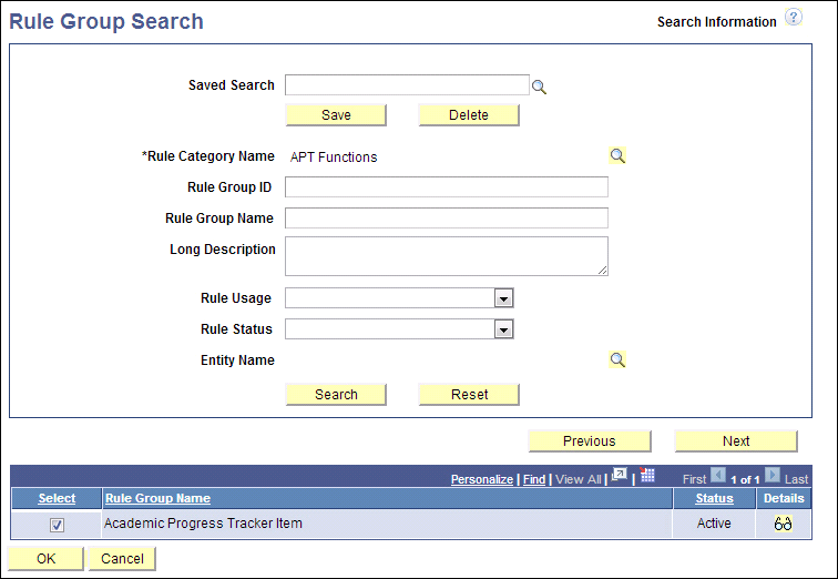 Rule Group Search Options page