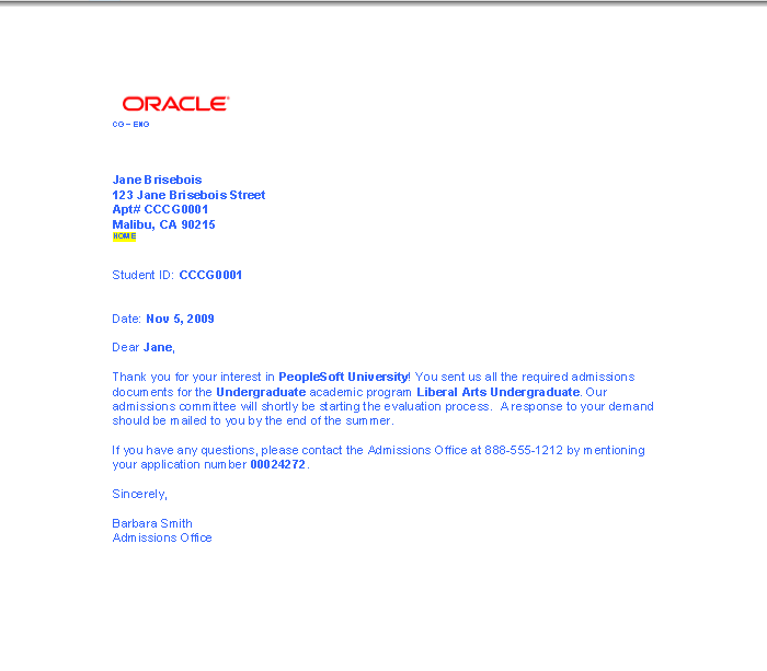 Example view of a generated letter output