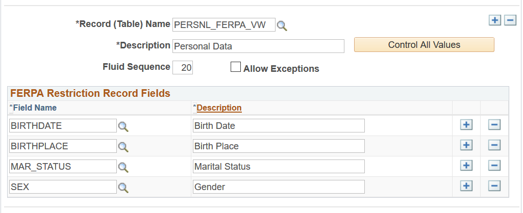 FERPA (Family Educational Rights and Privacy Act) Control page (3 of 4) - Personal Data