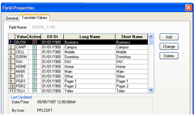 Application Designer showing the field properties for a translate field