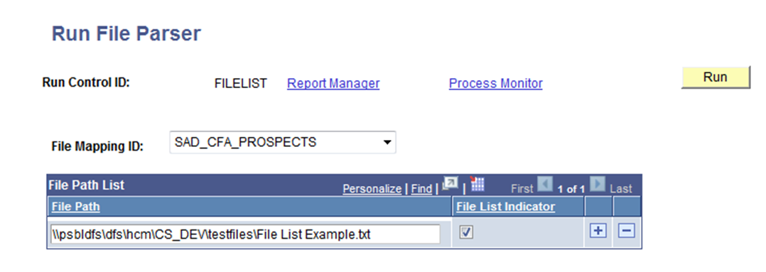 Example of the Run File Parser page with the File List Indicator selected