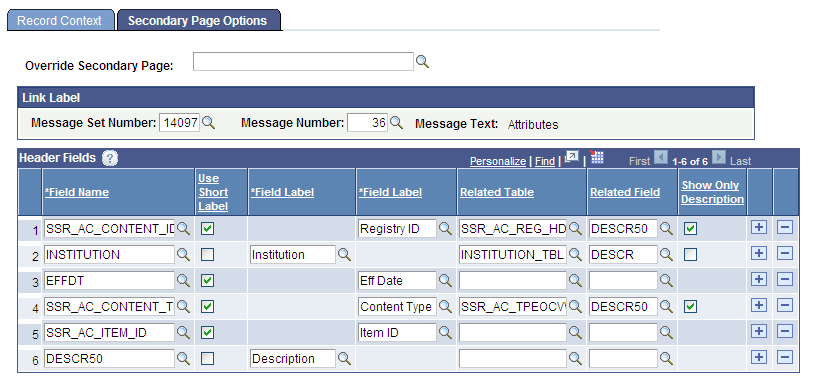 Secondary Page Options page