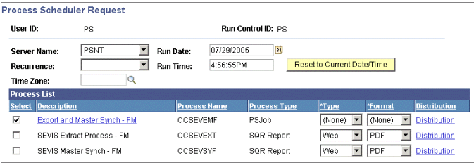 Example of the Process Scheduler Request page for the SEVIS (Student and Exchange Visitor Information System) Export process for F and M (student) visas