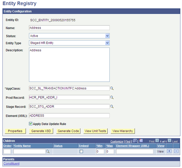 Example of the entity created for Address