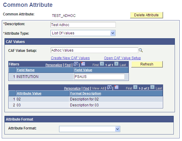 Example of a Common Attribute page with the Filters grid
